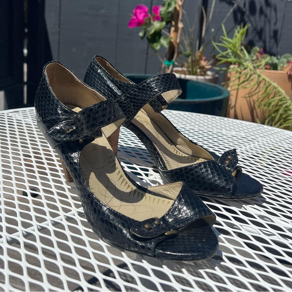 F-Troupe Black Snake Print Kitten Heels (39)